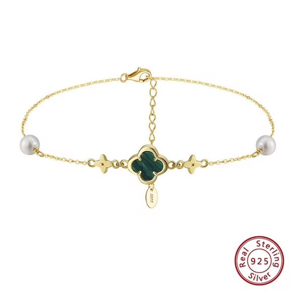 ENA925 14k Over Sterling Silver Malachite Green Anklet - Picture 1 of 5